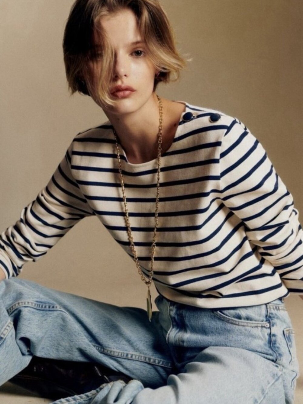 SEZANE Colette Marinière Sailor Preppy Stripe Organic Cotton Top Ecru Navy